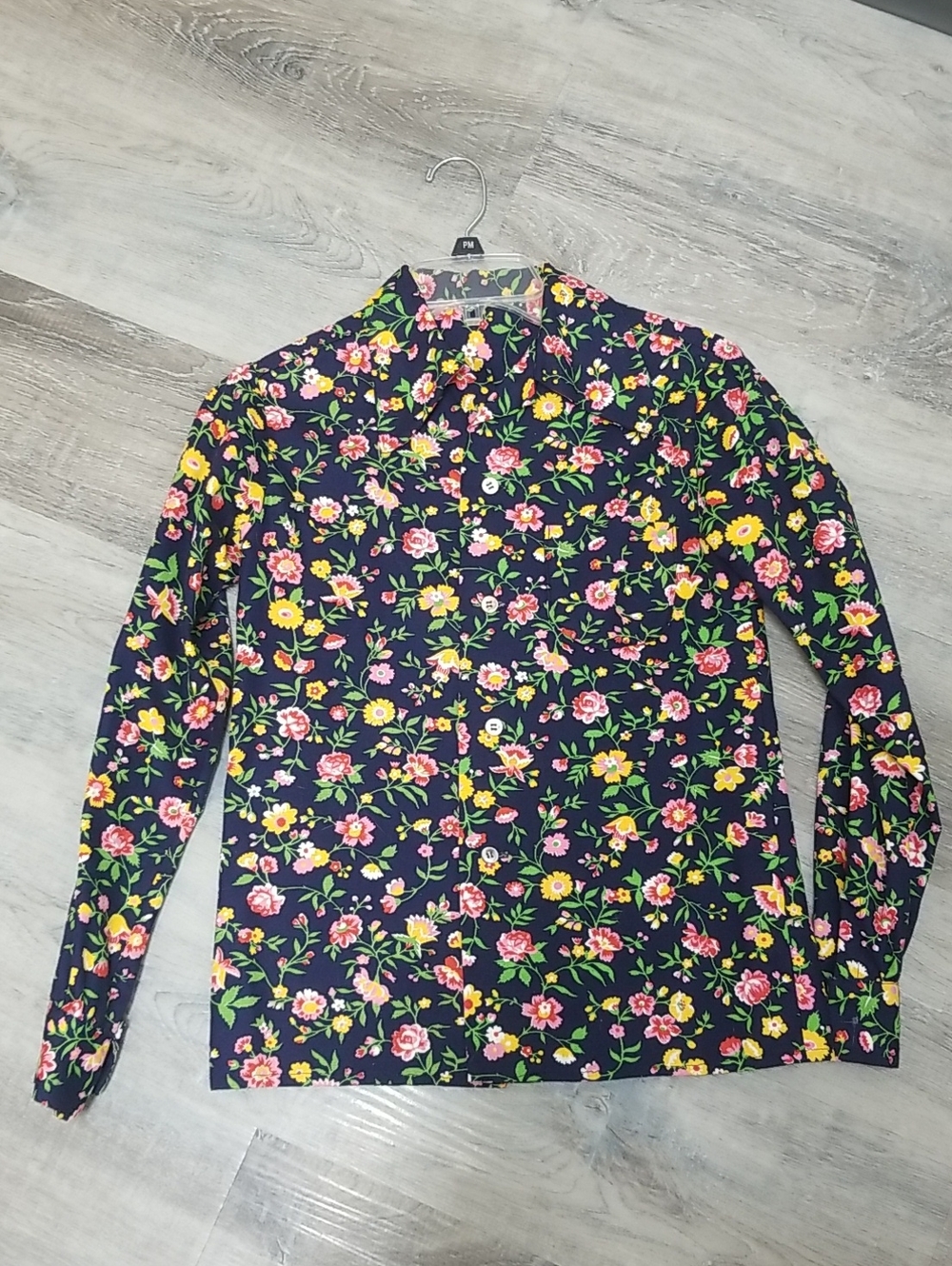 Vintage Women’s Floral Button-Up Shirt - Navy with Pink & Yellow Flowers